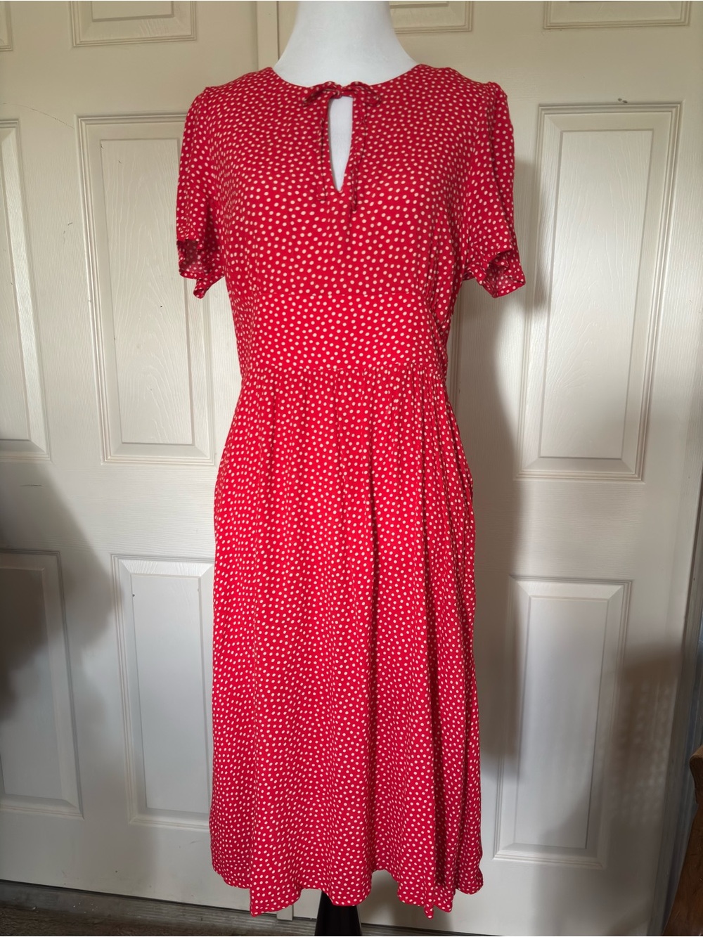 Red Polka Dot Midi Dress with Keyhole Tie Neck